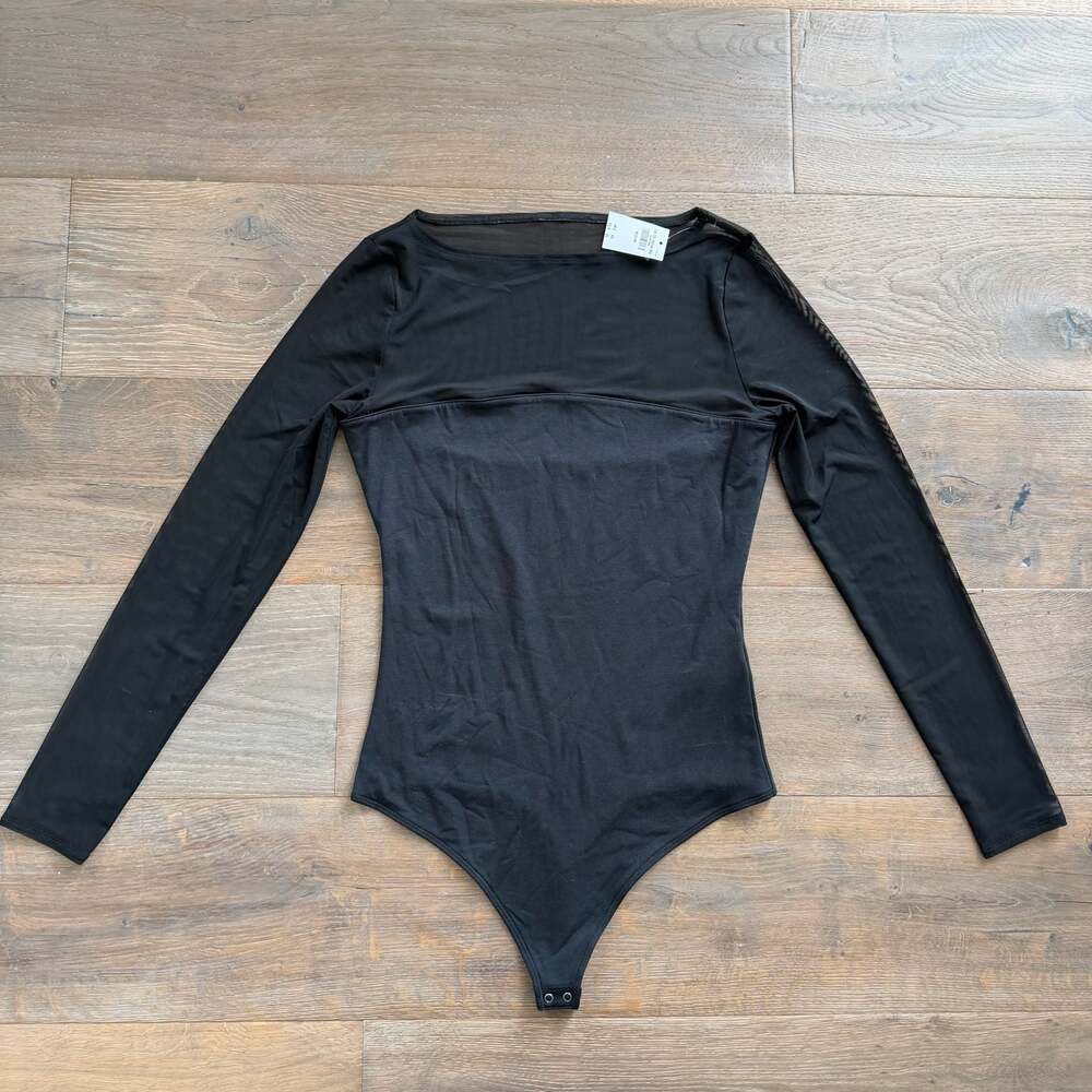 Abercrombie & Fitch Long-Sleeve Mesh Panel Crewneck Bodysuit Black Sz Medium
